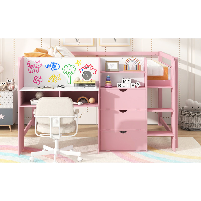 Lit mezzanine double pleine grandeur, rose, avec bureau intégré, armoires de rangement, bibliothèque, tableau blanc pour griffonner, assemblage facile et lit rose spacieux à trois compartiments, tablettes ouvertes, espace disponible