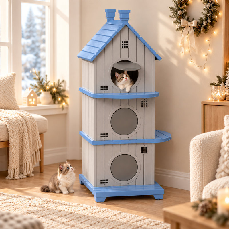 Maison pour chat à 3 niveaux en résine pour plusieurs chats intérieur extérieur H 52,13 po avec porche, Bleu/Gris