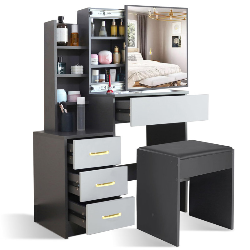 Tremper Dressing Table with Sliding Mirror, Silver Grey/Grey