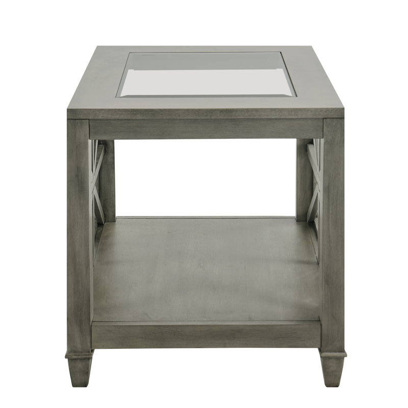 LUMERA Collection Glass Top Farmhouse End Table with Storage Shelf, Gray Wood Accent Side Table with Decorative X-Cross Panels for Living Room