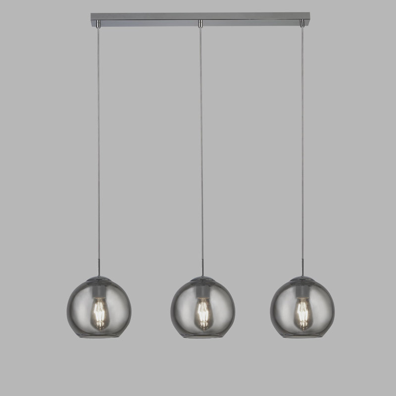 3 - Light Kitchen Island Globe Pendant, Silver/Smoked Grey