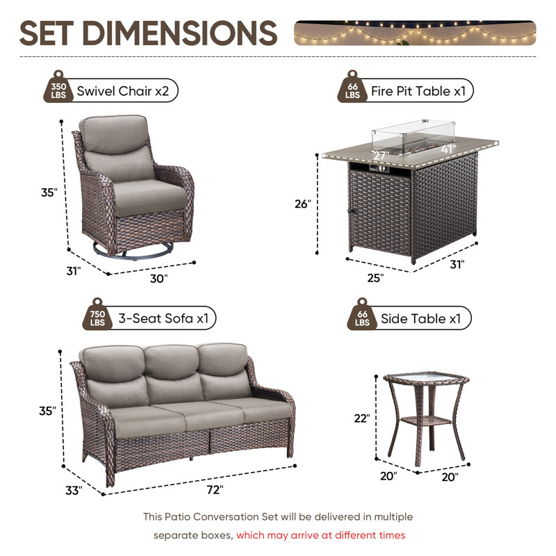 Ensemble de conversation d'extérieur en osier 5 pièces Simino, 5 pièces: canapé, 2 chaises, table de bout, foye, Gris, Brun