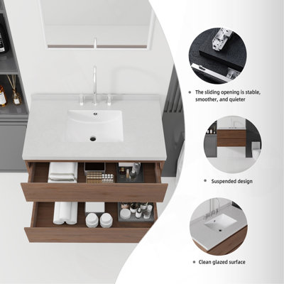 Meuble-lavabo flottant 30 po avec lavabo, tiroir à fermeture en douceur, comptoir en marbre de culture blanc Carrara de 2 po et dosseret, contreplaqué