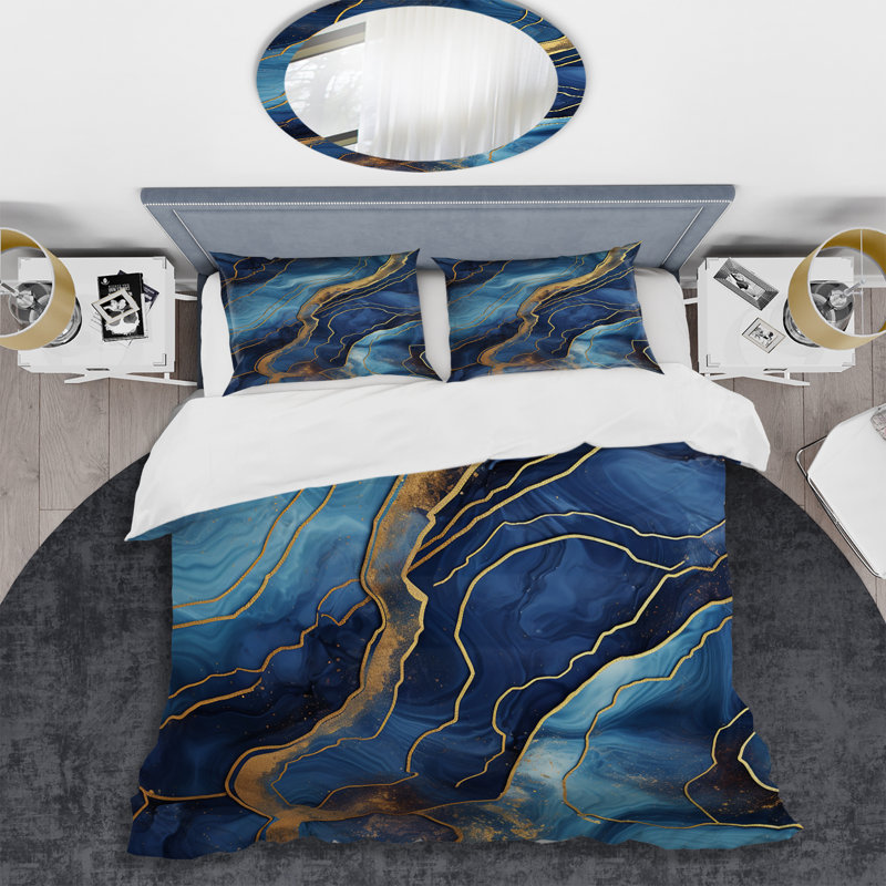 Ensemble de housse de couette en marbre bleu et doré, Housse de couette pour grand lit