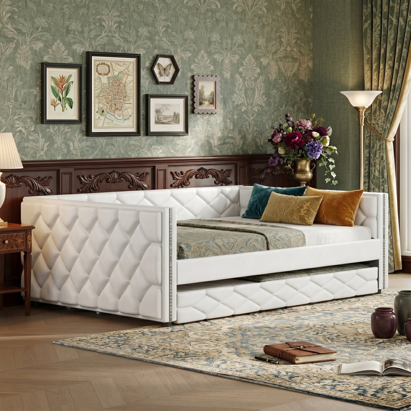 86.6" Full XL Size Upholstered Daybed with Trundle and LED Lights, Faux Leather Sofa Bed with APP Control and 600 lbs Capacity - White
