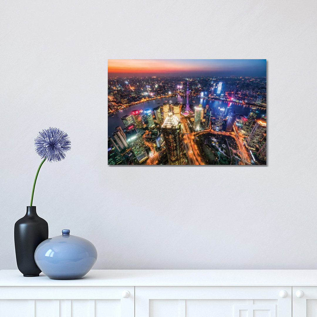 Aerial View Of Pudong At Night With Oriental Pearl Tower, Shanghai, China - Wrapped Canvas Gallery-Wrapped Canvas Giclée