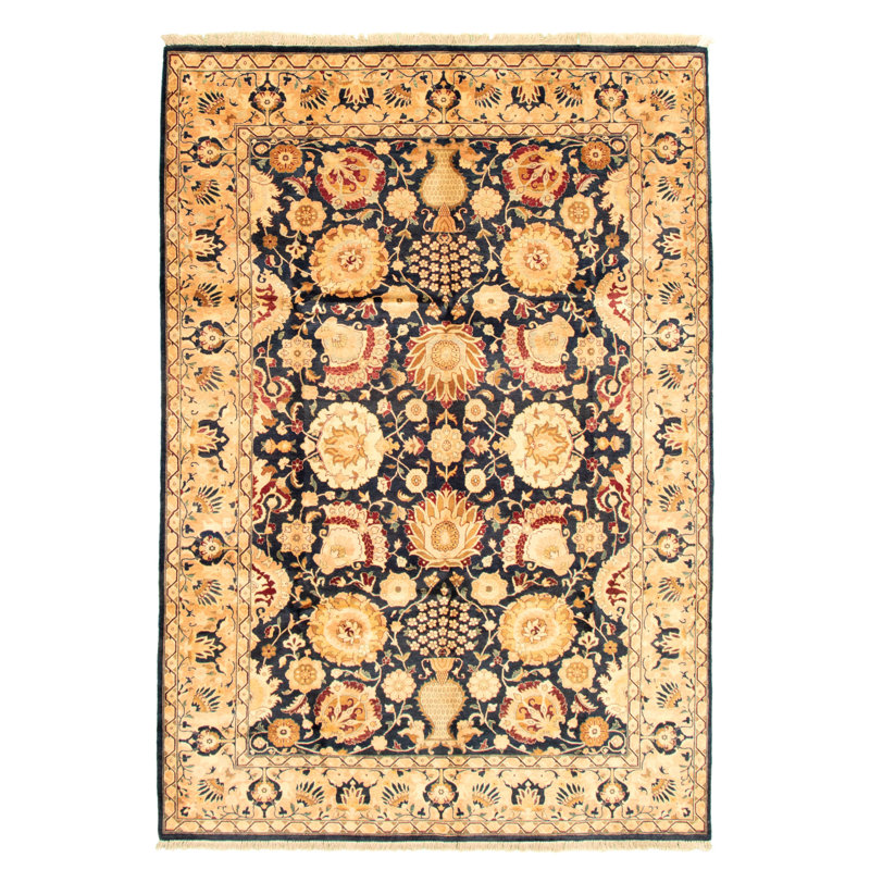Tapis décoratif en laine noué à la main de conception unique en laine 18/20 bleu marine foncé 6 pi 1 po x 8 pi 10 po noué à la main new age