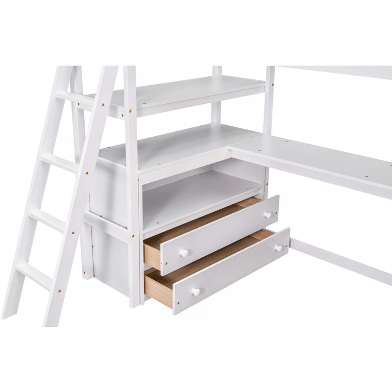 Lit mezzanine avec bureau et tablettes, 2 tiroirs intégrés, Blanc