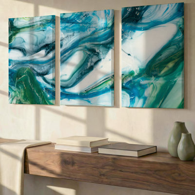 3 Pieces Exculisive Abstract Turquoise Green and White Marble Large Wall Art Modern Fluid Canvas Art, Canvas Decor for Living Room, Bedroom and Office