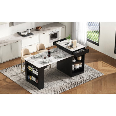 Îlot de cuisine de luxe de 59,5 po avec options d'extension de 10,2 po, 26 po et 41,8 po, tablettes latérales ouvertes et prise de courant - C ports pour besoins numériques Deux panneaux de table amovibles modernes, 2 tablettes réglables