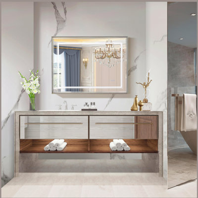 Miroir biseauté 40 po x 30 po à DEL pour la salle de bain, miroir à DEL 3000-6000K à l'avant et rétroéclairé pour la salle de bain, 3 couleurs à intensité variable, anti-buée amélioré IP54, miroir mural à plaques suspendues (miroir biseauté)