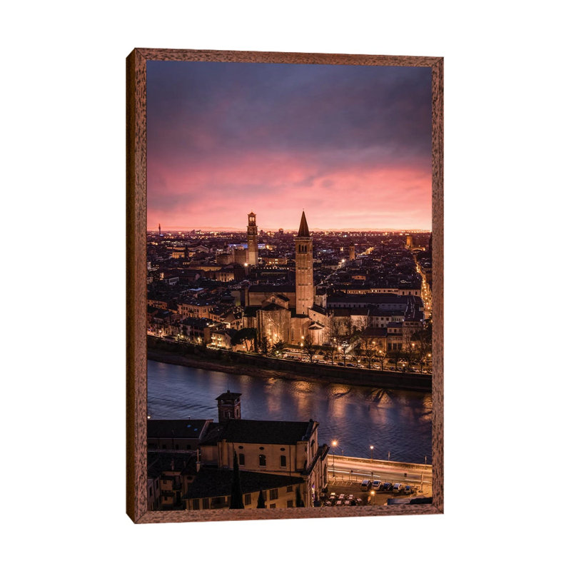 Sunset In Verona by Enzo Romano - Print on Canvas, Classic Brown Wood Framed, 66.04cm H x 45.72cm W x 3.81cm D