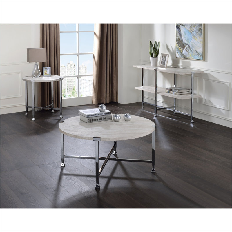 Table basse avec structure ouverte en X, plateau rond de 36 pouces d'aspect bois blanc pur et chrome, centre de table moderne et compact