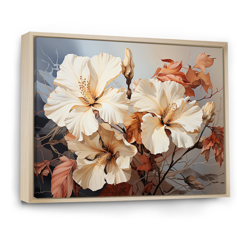 Fleurs d'hibiscus aux tons rétro évoquant la nostalgie, H 16 po x l 32 po x P 1 po, Cadre naturel flottant