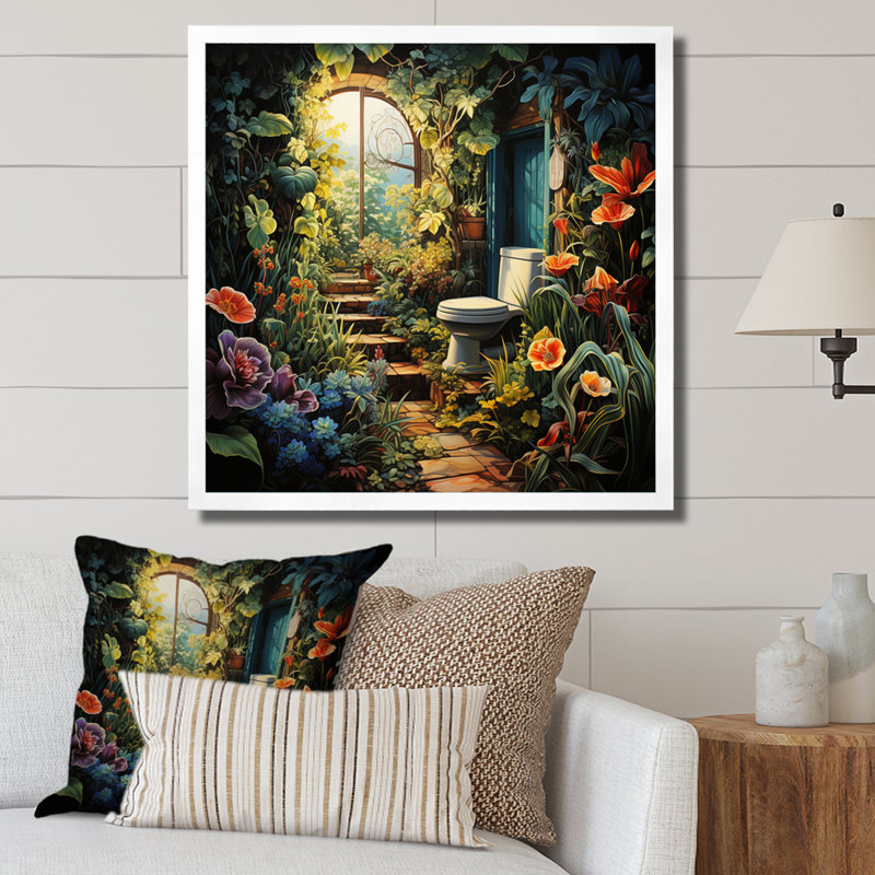 Garden Oasis Toilet - Bath & Laundry Wall Art Prints, Cadre simple blanc, H 24 po x l 24 po x P 1 po