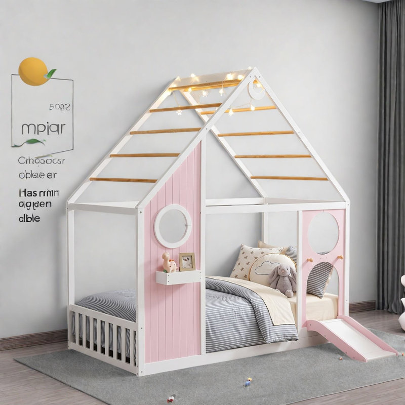 Lits jumeaux cabane avec glissade, cabane de jeu moderne en MDF rose pour chambre d'enfant, Rose