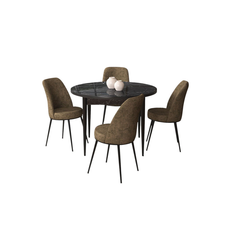 Ensemble de table et chaises de salle à manger moderne 5 pièces, marbre noir et brun | 100% aggloméré enduit de mélamine, table: 35,4 po x 29,5 po x 35,4 po, chaises: 17,7 po x 35,8 po x 16,5 po | Pieds en métal durables, rembourrage en mousse confortable, design élégant pour les maisons contemporaines