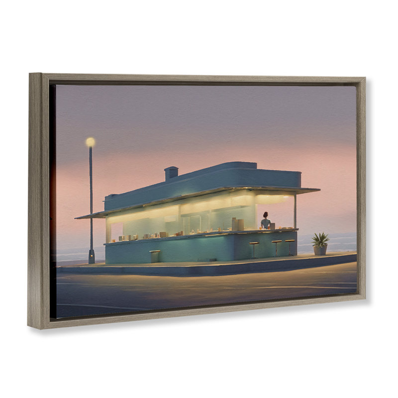 Toile flottante encadrée «Lone Beach Diner at Sunset» par Noah Bay, H 17 po x l 25 po, Cadre flottant orme Montalcino