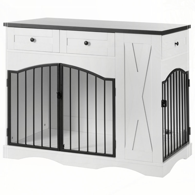 Meuble de rangement pour chien 43,3 ", cage robuste pour chien avec 3 tiroirs, Noir, blanc