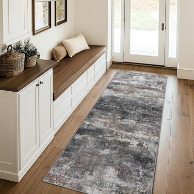 Tapis de couloir pour couloir de cuisine 2x8 tapis lavable à la machine pour le vestibule, tapis modernes gris foncé doux à motif abstrait, tapis de sol avec envers en caoutchouc antidérapant