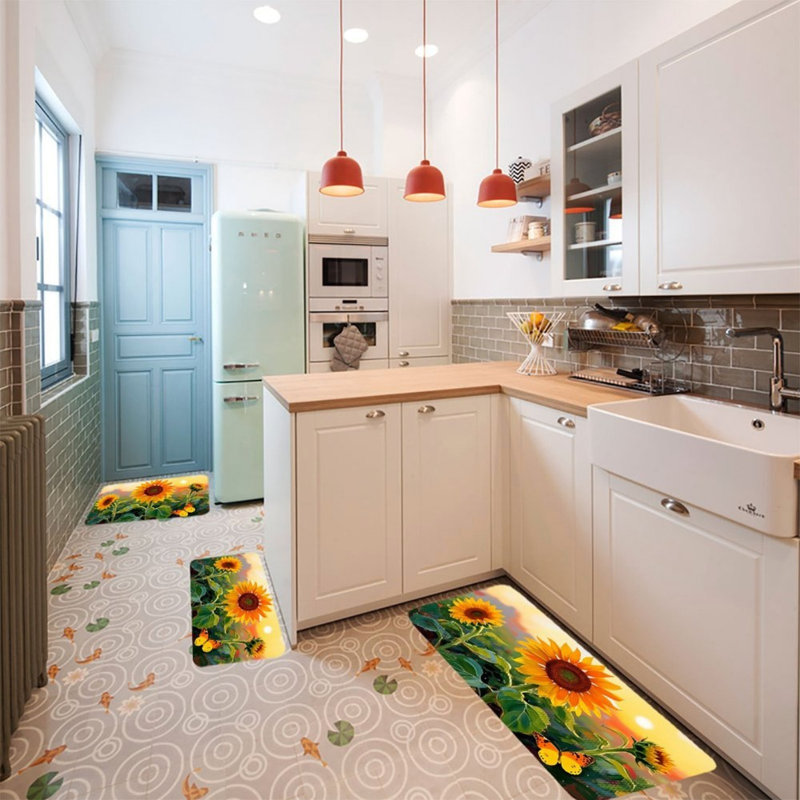 Paillasson dessiné à la main avec feuilles de fines herbes pour plancher, vert olive, 3 pièces