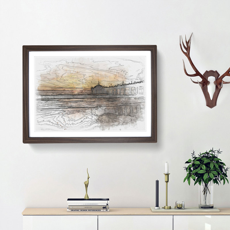 Sunset Behind the Pier Sketch - Picture Frame Graphic Art Print, Walnut Framed, 62cm H x 87cm W x 2cm D