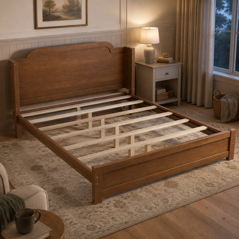 Queen Platform Bed with Headboard, Solid Wood, Brown Finish, Minimalist Design, Easy Assembly, No Box Spring
