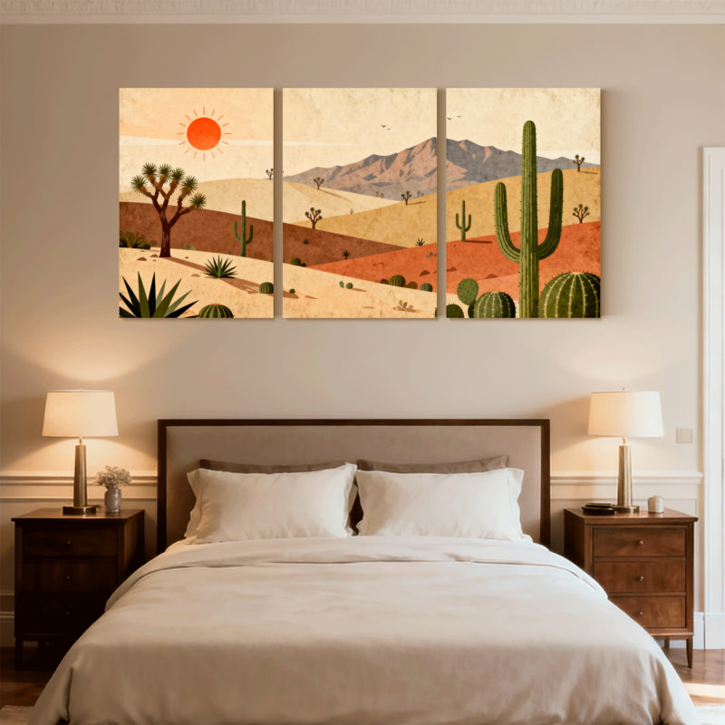 «Landscape & Nature Desert Landscape with Cactus and Sun», ensemble de 3 impressions sur toile, H 24 po x l 48 po
