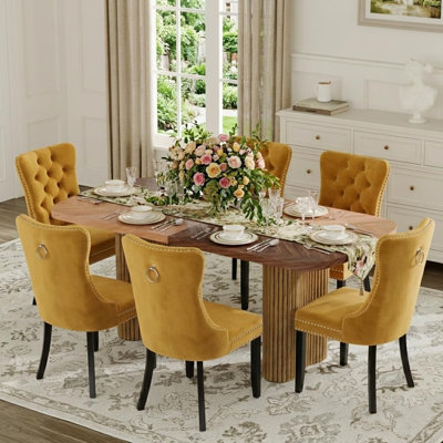 79'' Modern Farmhouse Dining Table Set for 6, Rectangular Wood Dining Table with Two-Tone Top & Upholstered Velvet Chairs