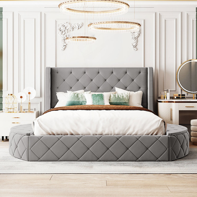 Lit plateforme tapissier moderne avec 1 grand tiroir, 2 tabourets de rangement latéraux, cadre de lit moderne pour chambre d'amis