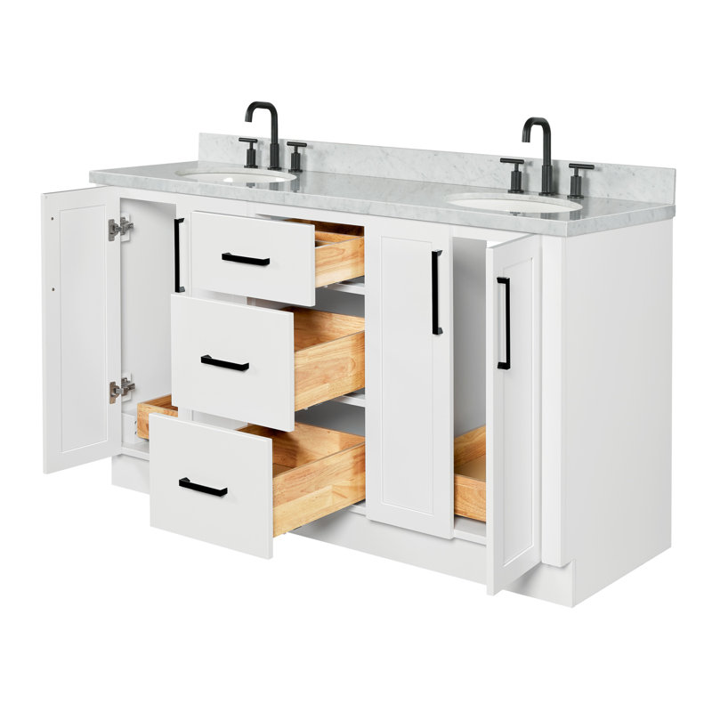 Meuble-lavabo ovale double de 155 cm avec comptoir en marbre blanc de Carrare de 3,8 cm d'épaisseur., Ovale, Blanc