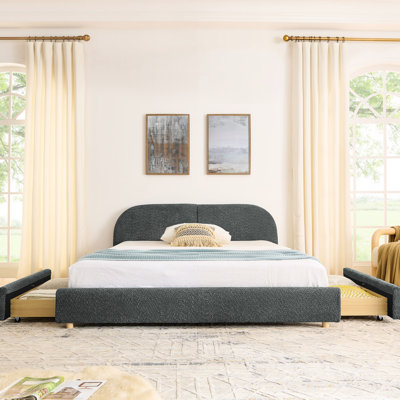 Dark Gray Queen Bed Frame With Circle Fabric, Tall Curved Headboard, Legs And 4 Drawer Storage For A Mediterranean Bedroom Modern