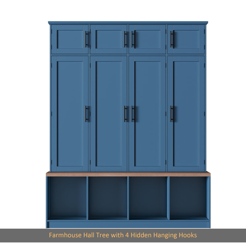 Farmhouse Hall Tree With 4 Hidden Hanging Hooks, Versatile Walnut Seating Bench With 8 Doors, Entryway Shoe Cabinet With Open Compartments For Living Room
