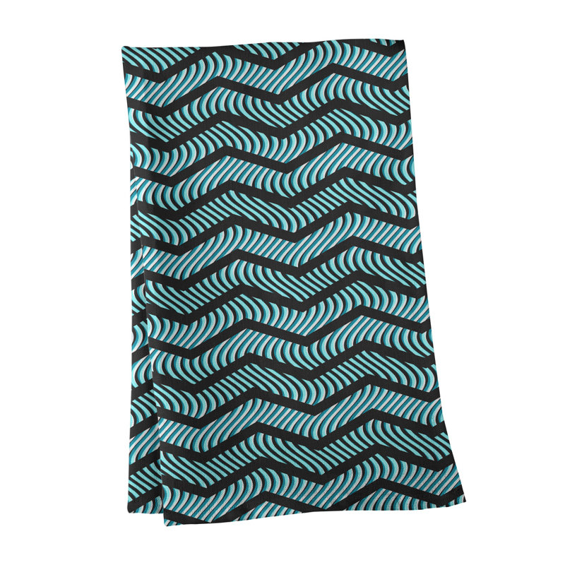 Serviette de thé à chevrons ondulés Stephenie, Aqua / noir, Sergé de coton