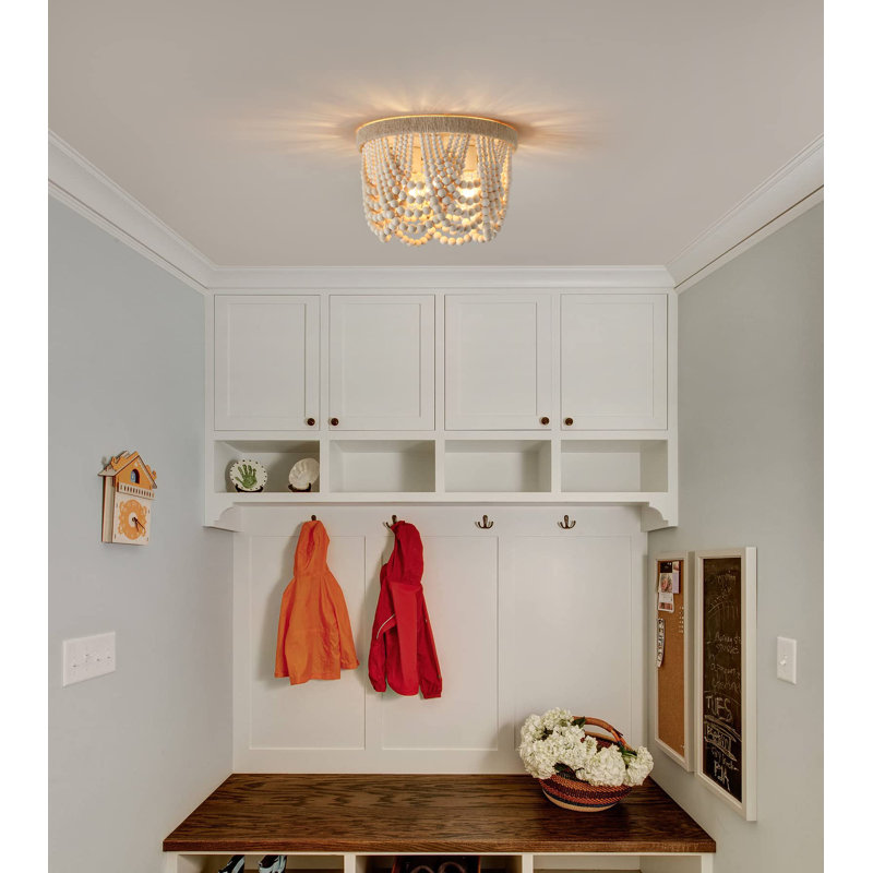 Plafonnier encastré perlé en bois petit lustre bohème style campagnard rustique 3 lumières