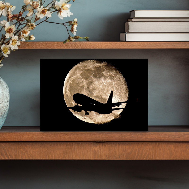 Jet en silhouette devant la lune, paysage abstrait moderne, art mural, H 18 po x l 12 po