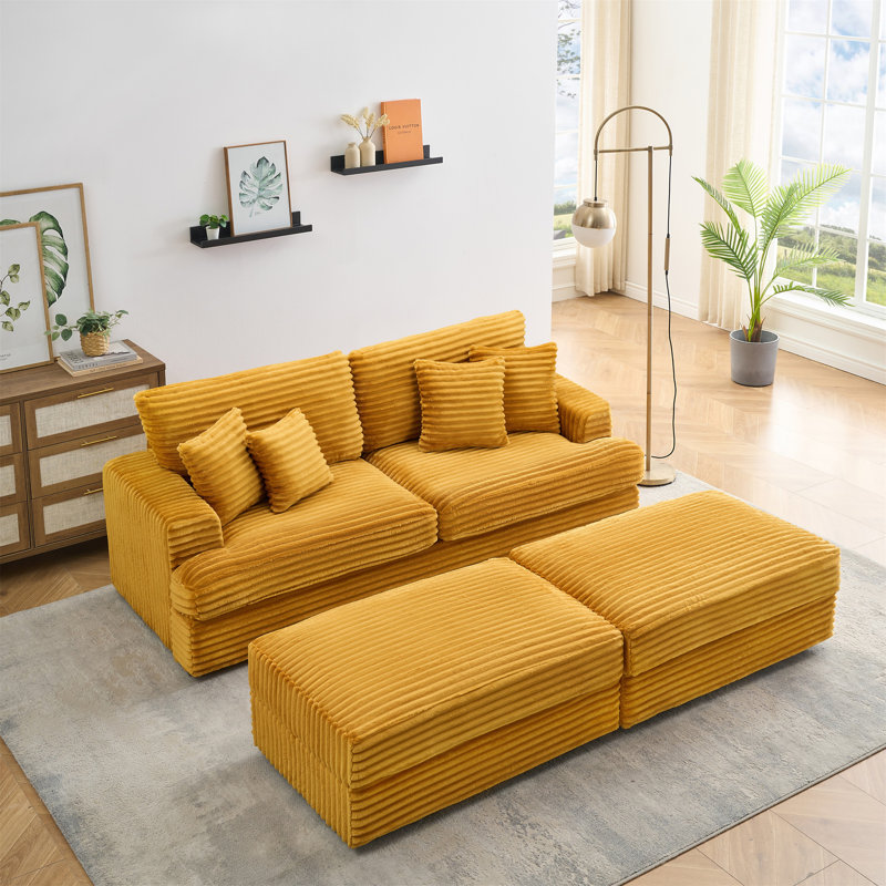 Canapé 88,58 pouces en velours côtelé orange avec pieds de rangement doubles et quatre coussins