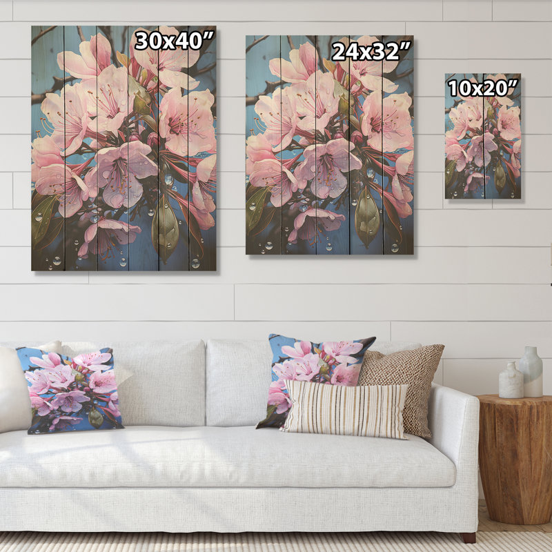 Éclat de fleurs célestes roses - Art sur bois de rhododendron sur bois de pin naturel, H 20 po x l 10 po