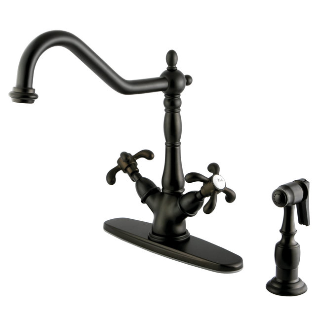 Kingston Brass French Country Two-Handle 2-or-4 Hole Deck Mount Kitchen Faucet with Brass Sprayer, Oil Rubbed Bronze
