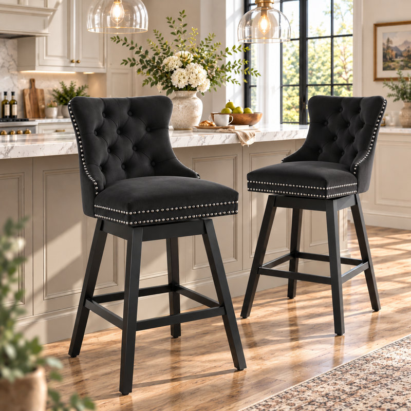Tabouret de bar pivotant à 360 ° en velours avec dossier, garniture cloutée et pieds robustes en bois massif, fauteuil confortable pour la cuisine, la salle à manger et le restaurant