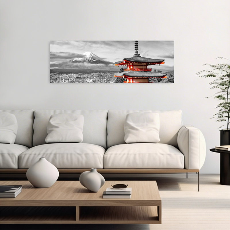 Japanese Pagoda Mount Fuji 1 Piece Wrapped Canvas Panoramic Wall Art, 40.64 cm H x 121.92 cm W