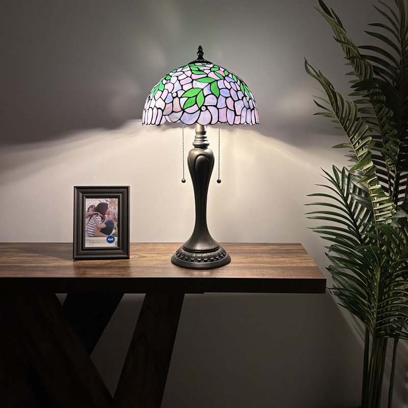 Fogg Tiffany Style Table Lamp Purple Stained Glass Green Leaves LED Bulbs Included 22" H x 12" W