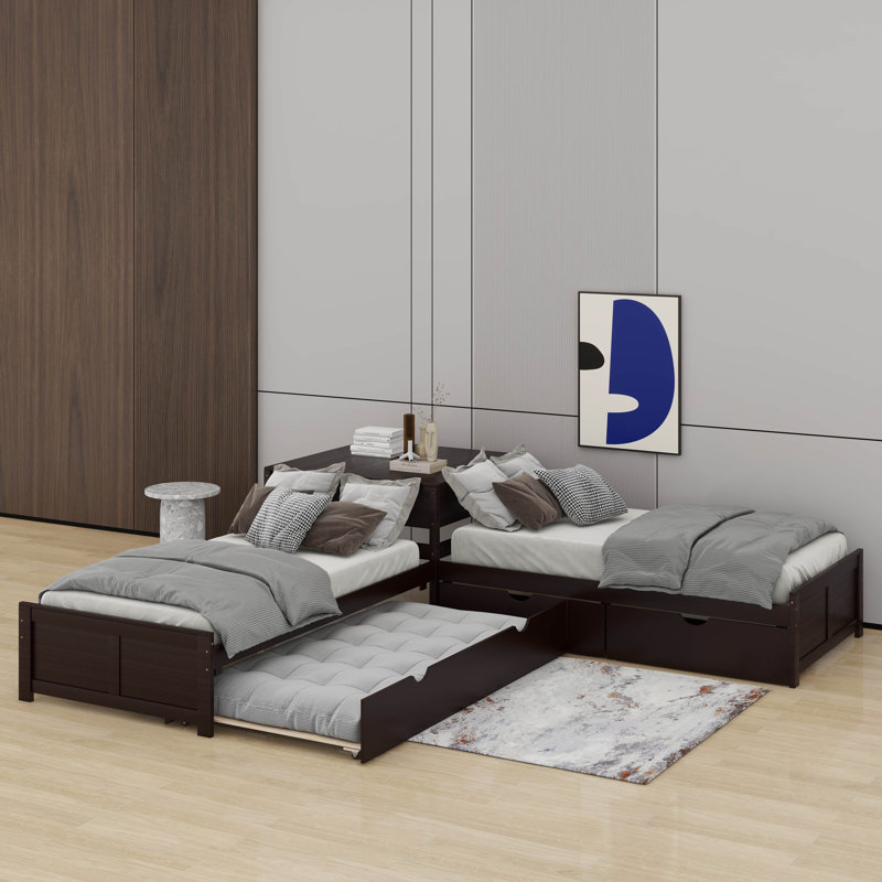 Lit plateforme simple en L avec lit gigogne, bureau et tiroirs, Espresso