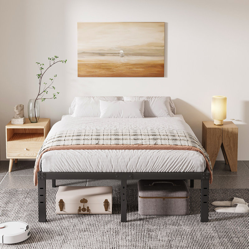 Cadre de lit plateforme en métal Marple de 40 cm (16 pouces) avec lattes en bois, sommier robuste, conception silencieuse, rangement sous le lit, format standard