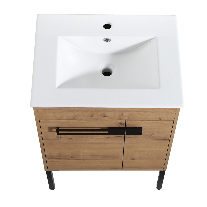 Meuble-lavabo 24 po - Deux styles d'installation de lavabo en céramique et d'humidité 24 po autoportant ou flottant style Scratch & Stain - charnière silencieuse en contreplaqué imitation chêne