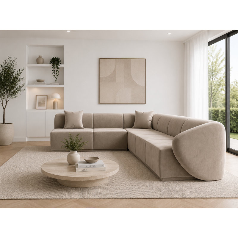 6 Seater Velvet Sofa & Chaise, Warm Beige Velvet