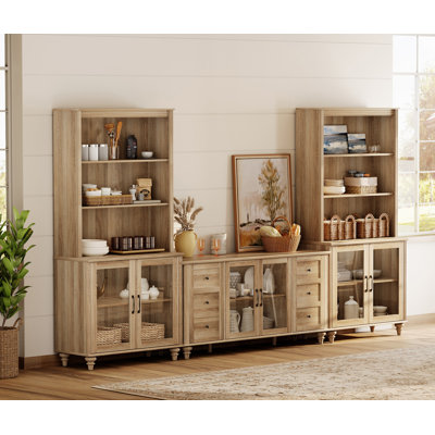 Buffet avec bahut, buffet avec 6 portes en verre, 3 tablettes à 2 niveaux et 2 rangements en bois, chêne, 125 po