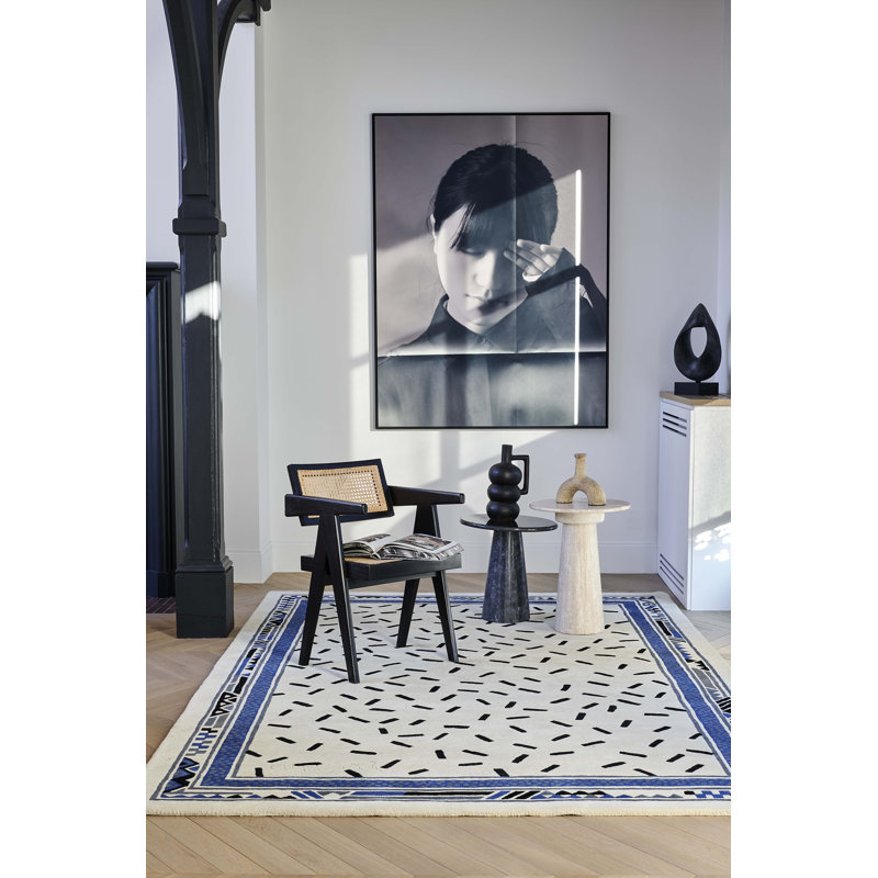 Trasimene Hand Tufted Wool Abstract Area Rug in Blue/Black/White, Rectangle 8'2" x 11'6"