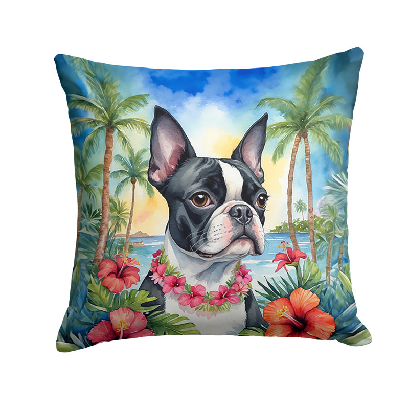 Boston Terrier Luau Throw Pillow, 18"H x 18"W