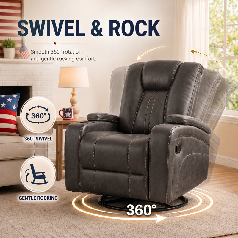 38'' Rustic Manual Rocker Recliner with Dual Cup Holders and Arm Storage for Living Room and Home Theater